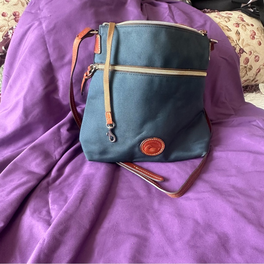 Elegant Teal Grey Dooney  Crossbody Bag with Leather Accents